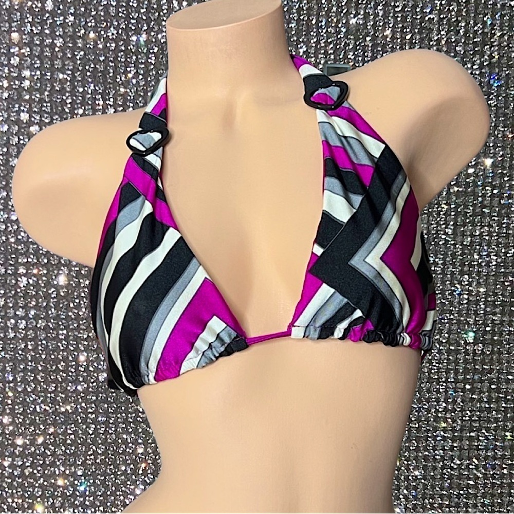 Bikini top hearts stripes Metallic shiny shimmer material white black purple
